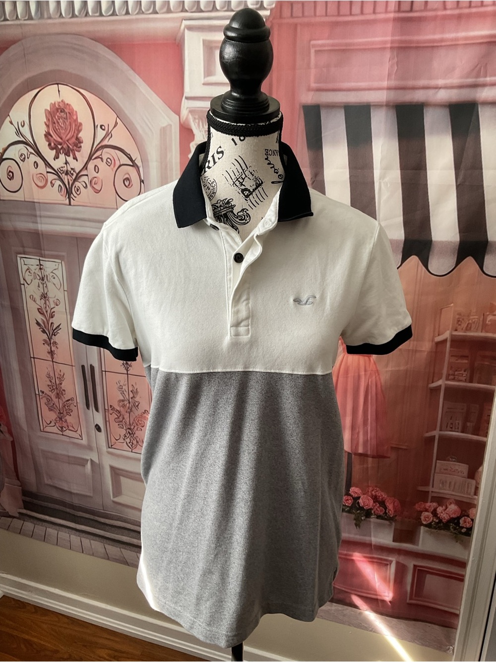 Hollister Two-Tone Polo in White, Gray & Black Trim